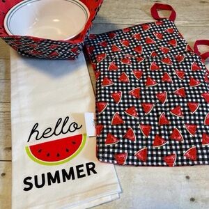 Bundle of 4 Watermelon Kitchen Set Micro Bowl Cozy Tea Towel and Two Potholders